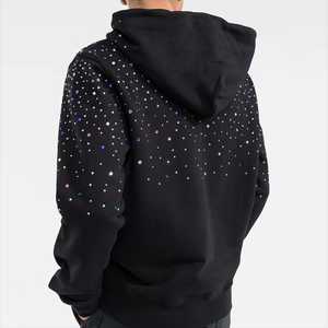 <b>Men's</b> <b>Black</b> Rhinestone 100% Cotton Summer Hoodie Regular Fit Casual <b>Fleece</b> with Dot Pattern and Kangaroo Pocket - Product Image 2