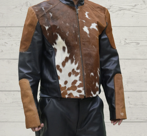 Blouson en cuir de vachette pour homme, style motard, patchwork cuir de vachette à poils, imprimé animal marron et blanc, fermeture éclair, col montant - Product Image 5