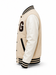 Veste universitaire unisexe beige avec manches blanches, patch G marron, style preppy, col rabattu, coupe classique, vêtement d'hiver, broderie - Product Image 4