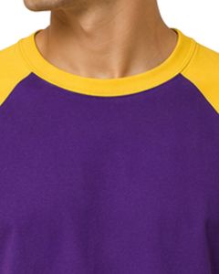 T-shirt Raglan Homme Manches Courtes Col Rond Coton Violet et Jaune Personnalisé Décontracté Streetwear Color Block - Product Image 5