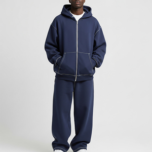 Ensemble de survêtement oversize unisexe en molleton épais avec sweat à capuche zippé et pantalon de survêtement à jambe large, surpiqûres contrastées, style streetwear - Product Image 1
