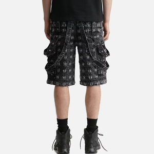 Shorts cargo imprimés noirs pour hommes avec plusieurs poches, taille mi-haute, fermeture élastique, style streetwear - Product Image 1