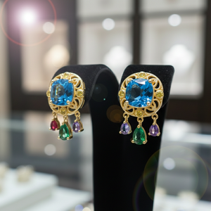 Blue Topaz Hydro <b>Cushion</b> Cut Earrings CZ 925 Sterling Silver 18K Gold Plated Designer <b>Statement</b> Earrings Party Wear - Product Image 3