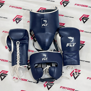 Ensemble d'entraînement de boxe fait main de haute qualité, personnalisé, en cuir bleu et blanc, avec gants de sparring, protège-tête et protège-glandes. - Product Image 1