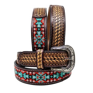 Ceinture en cuir de vachette brodée géométriquement de style ethnique avec boucle western argentée, style décontracté, ceinture en cuir durable - Product Image 3