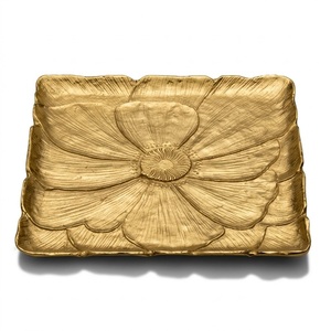 Textured <b>Gold</b> Aluminum <b>Serving</b> <b>Tray</b> With Creative Branch Flower Handle Elegant Metal Decorative Platter Centerpiece For Coffee - Product Image 5