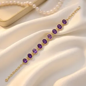 กำไลข้อมือเทนนิสอะเมทิสต์ธรรมชาติ ชุบทองเหลือง ประดับขอบทอง ทำด้วยมือ สไตล์วินเทจ ปรับขนาดได้ รูปทรงคู่รัก ของขวัญวันเกิด สำหรับทุกเพศ - Product Image 4