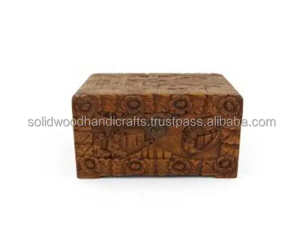 Caja organizadora de almacenamiento de joyas de baratija de madera Sheesham de estilo tradicional con diseño tallado en árbol