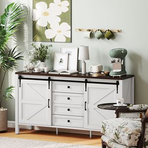 Credenza Rustica Artigianale con Piano Spesso, 2 Ante Scorrevoli, 4 Cassetti, 2 Ripiani Regolabili, Bianca, per Sala da Pranzo - Product Image 2