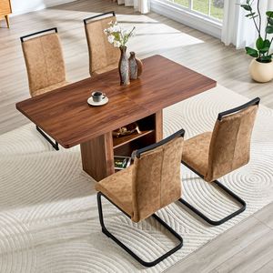 Set Tavolo da Pranzo Allungabile 59-71 Pollici con Piano in MDF Noce e 4 Sedie in Tessuto Tecnologico Marrone per Sala da Pranzo - Product Image 2