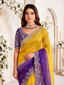 AARA Fashion <b>Purple</b> and Yellow Embroidered Silk <b>Saree</b> with Paisley Border Traditional Drape for Wedding Sun Protection - Product Image 4