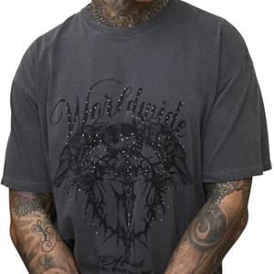 Custom Print Rhinestone <b>Flame</b> Neck T <b>Shirt</b> Men Oversized Streetwear Cotton Short Sleeve Casual Fashion Summer Wear Fit - Product Image 2
