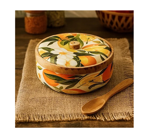 Acacia Wooden handmade Casseroles <b>pot</b> Household Dinnerware Decor Chapati Storage & Serving <b>pot</b> with Enamel Print <b>Lid</b> - Product Image 4