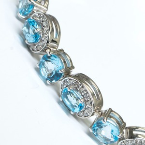 Premium 925 <b>Sterling</b> <b>Silver</b> Rhodium Plated Aqua Gemstone Tennis <b>Bracelet</b> with Dazzling CZ Curved Halo Settings for <b>Women</b> - Product Image 2