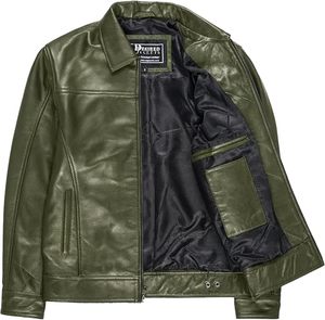 Veste Deified pour homme, en cuir vert, style moto, col rabattu, fermeture éclair, couleur unie, longueur normale, pour l'automne - Product Image 1