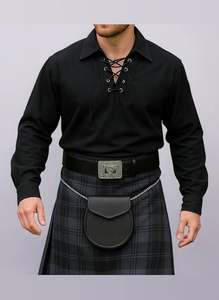 Chemise habillée en popeline de coton crème pour homme, motif tartan écossais Jacobite, avec col rabattu et laçage frontal, manches longues - Product Image 3