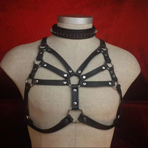 Female Unisex Upper Chest <b>Harness</b> In Soft Black Sewn <b>Leather</b> Accessory LWH-0056 - Product Image 1