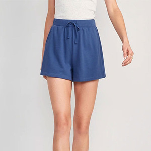 Women's High Waist Blue Knitted Shorts With Pockets <b>Drawstring</b> Closure Casual Loose Fit Breathable Solid Color - Product Image 1