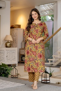 Women Cotton Salwar Kameez Digital Printed Mustard Red Floral Loose Fit <b>Ankle</b> Length Traditional Ethnic Wear Indian Casual - Product Image 3