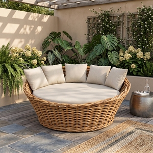 Thaloone Outdoor Round Rattan Daybed Premium Wicker Sunbed Resort Style Lounge Furniture With Daphni <b>Cream</b> Fabric Cushions Patio - Product Image 3