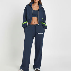 Ensemble de survêtement bleu marine pour femme avec rayures vertes, coupe ample, pantalon long à cordon de serrage, style sportif, respirant - Product Image 1