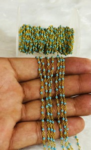 2mm Turquoise Beads <b>Rosary</b> Chain Gold Plated Brass Wire Wrapped Beaded Chain by the Foot for Jewelry Making DIY Necklace - Product Image 4