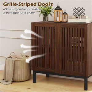 32" Farmhouse Buffet <b>Sideboard</b> Cabinet with 2 Doors Solid Wood Storage in <b>Walnut</b> & Black - Product Image 2