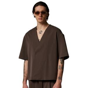 Men Smart Woven <b>Shirt</b> <b>Short</b> <b>Sleeve</b> V Neck Minimalist Casual Solid Brown Color OEM Custom Wholesale Bulk Production Supply - Product Image 5