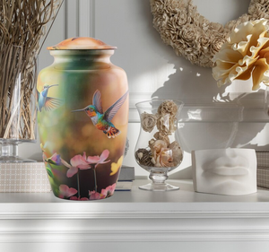Custom Aluminum Cremation Urn Decorative <b>Memorial</b> Vessel Floral Bird Portrait <b>Keepsake</b> for Adult Burial Display - Product Image 1