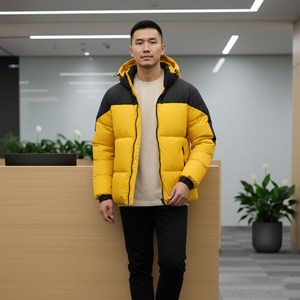 Men <b>Yellow</b> Black Color Block Hooded <b>Puffer</b> <b>Jacket</b> Embroidered Logo Windproof Winter Casual Outerwear Zip Closure Thick Polyester - Product Image 6