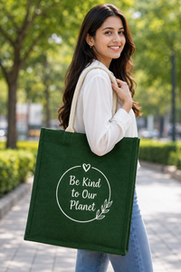 Bolsa de compras de yute Be Kind To Our Planet, 16x14x5 pulgadas, verde, reutilizable, con costuras resistentes y fuelle ancho - Product Image 4