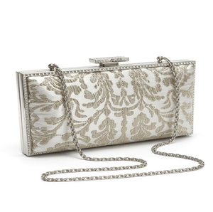 A sleek <b>silver</b> damask jacquard clutch with a crystal-encrusted bar clasp. Available at wholesale prices for high-end retail. - Product Image 1