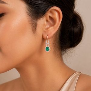 18K Rose Gold Emerald Oval Cut <b>Dangle</b> <b>Earrings</b> with Round Cut Lab Grown <b>Diamond</b> Halo Geometric Link Design Luxury Jewelry - Product Image 4