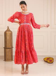 Vestido Midi de Muselina Suave con Estampado Étnico Indio, Inspirado en Anarkali, Cuello Redondo, Antiarrugas, Diseño Moderno para Mujer - Product Image 3