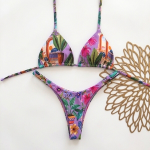 Conjunto de Bikini con Estampado Tropical para Mujer, Top Halter Cruzado, Braguita Tipo Tanga, Traje de Baño de Spandex y Poliéster - Product Image 6