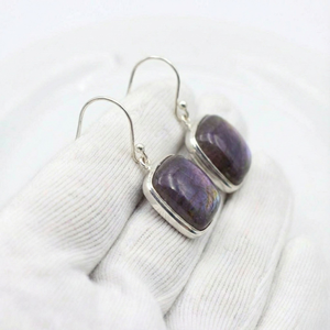 Handmade Solid 925 <b>Sterling</b> <b>Silver</b> Gemstone <b>Earrings</b> Bezel Setting Labradorite Square Boho Dangle <b>Drop</b> <b>Earrings</b> For Women - Product Image 3