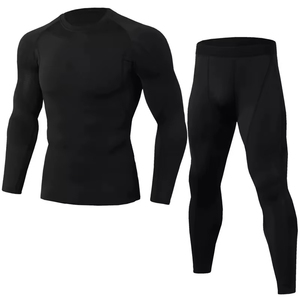 Black 2 Piece Compression Set Crew Neck Long Sleeve Top Full Length <b>Pants</b> Sweat Wicking Breathable Quick Dry Seamless <b>Yoga</b> Wear - Product Image 1