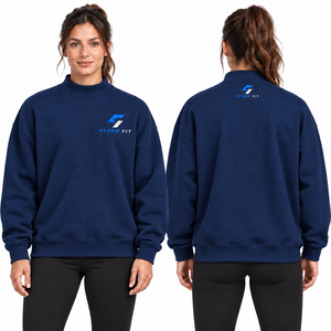 Custom <b>Women's</b> <b>Navy</b> Mock Neck 100% Cotton Full Sleeve Solid Knitted Breathable Eco-Friendly Windproof Winter Sweatshirt - Product Image 1