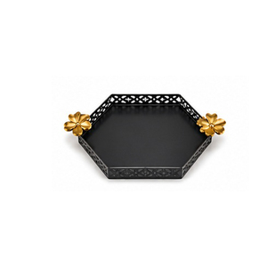 Plateau de service rectangulaire noir avec poignées en forme de fleur dorée, finition laquée, usage résidentiel - Product Image 2