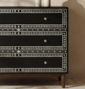 Handcrafted <b>Black</b> Bone Inlay Nightstand 3 Drawer Geometric <b>Bedside</b> <b>Table</b> for Home Decoration - Product Image 4