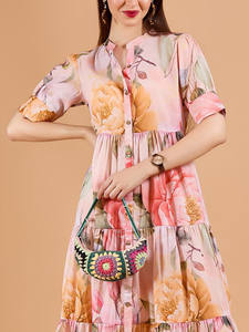 Vestido Maxi Formal con Estampado Floral, Corte Evase, Cuello Redondo, Encaje y Chifón, Elegante, para Fiesta, Verano, para Mujer - Product Image 3