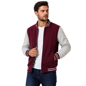 Unisex Maroon Varsity Jacket Gray Sleeves Single Button Closure Casual Fleece Outerwear Winter Windproof Breathable Stand Collar - Product Image 2