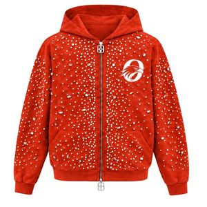 Custom Orange <b>Red</b> Pearl Zip Up <b>Hoodie</b> Decorative Pearl Studded Streetwear Jacket Long Sleeve Hooded Sweatshirt With Pockets - Product Image 1