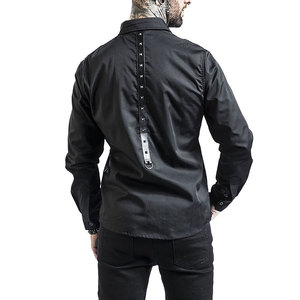 <b>Men's</b> Gothic Industrial Black Cotton Long Sleeve Shirt with Faux Leather <b>Studded</b> Appliques and Metal D-Rings Punk Rock - Product Image 4