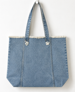 Bolso Tote de Mezclilla Azul, Gran Capacidad, Bolso de Hombro con Borde Deshilachado, Abertura Superior, para Viajes Diarios - Product Image 1