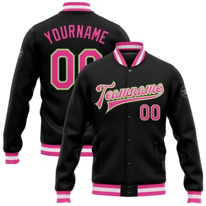 Wholesale Direct OMMIZ INDUSTRY Custom Black <b>Pink</b>-Neon Green Bomber Full-Snap Varsity Letterman <b>Jacket</b> - Product Image 1