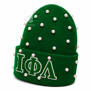 Bonnet en tricot vert orné de perles pour femme de la sororité Iota Phi Lambda, avec lettres grecques brodées en chenille, chapeau d'hiver décontracté - Product Image 3