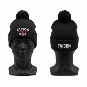 Premium 100% Wool 320 GSM Black Knitted Pom Pom Beanie Custom Embroidery Logo Adjustable <b>Winter</b> <b>Cap</b> - Product Image 1