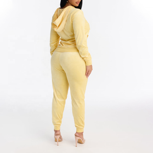 Premium Quality Custom Made Women Yellow <b>Velvet</b> Hooded Zip Up Top And <b>Jogger</b> Pants Two Piece Sweatsuit Women Velour Tracksuit - Product Image 2