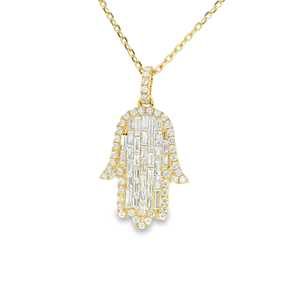 Collar de diamantes cultivados en laboratorio con diseño de baguette y mano de Fátima, de oro macizo de 14K y 18K, talismán de ojo turco, delicado para superposición, solitario, amuleto de protección - Product Image 1